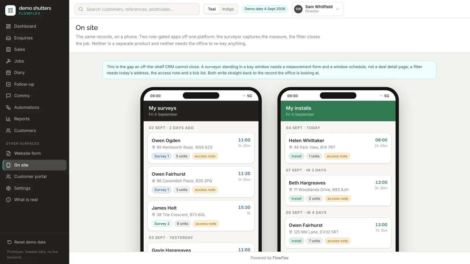 The FlowFlex Shutters phone screens side by side, as they open in a phone browser: a surveyor’s list of today’s surveys and a fitter’s list of upcoming installs, each with the address, units and an access note.