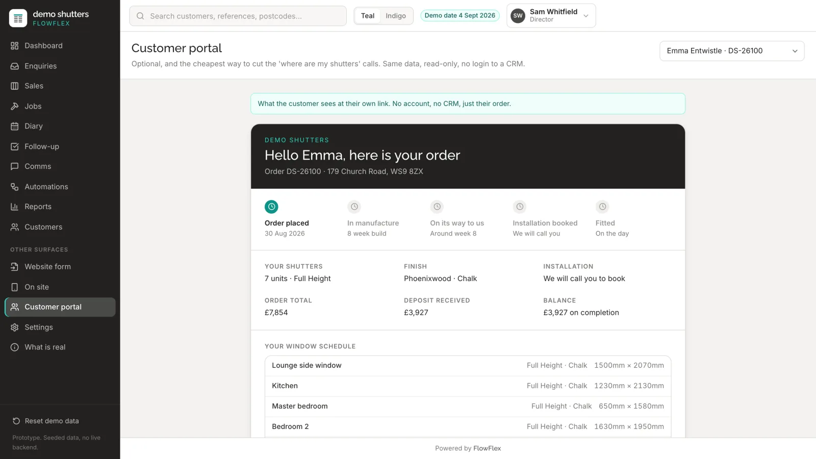 The FlowFlex Shutters customer portal: an order’s progress from placed to fitted, the shutters and finish, the order total, deposit and balance, and the window schedule.