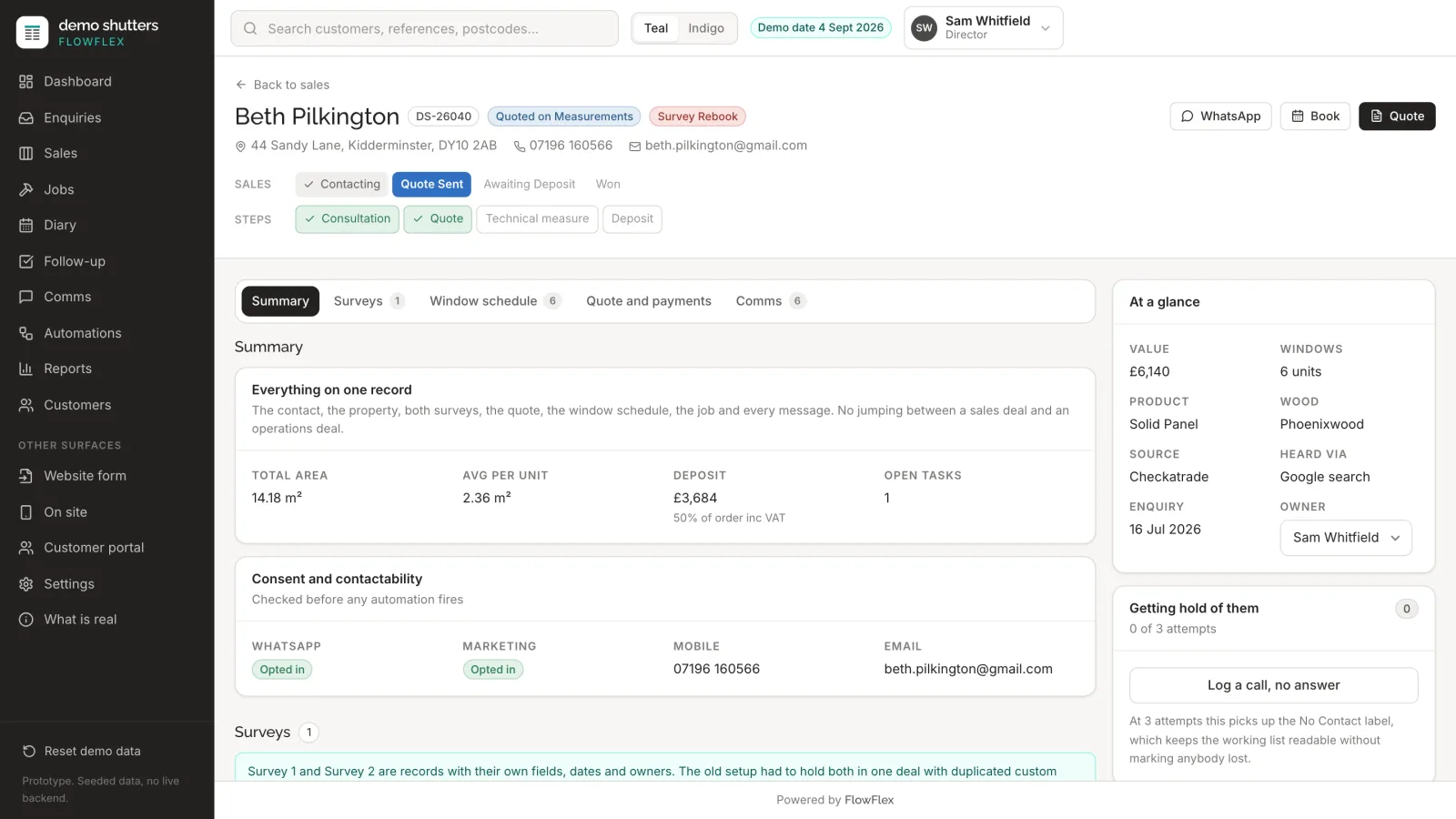 A FlowFlex Shutters customer record: the sales stage and the steps behind it, the order value, windows, product and wood, source, owner and the consent recorded before any automation fires.