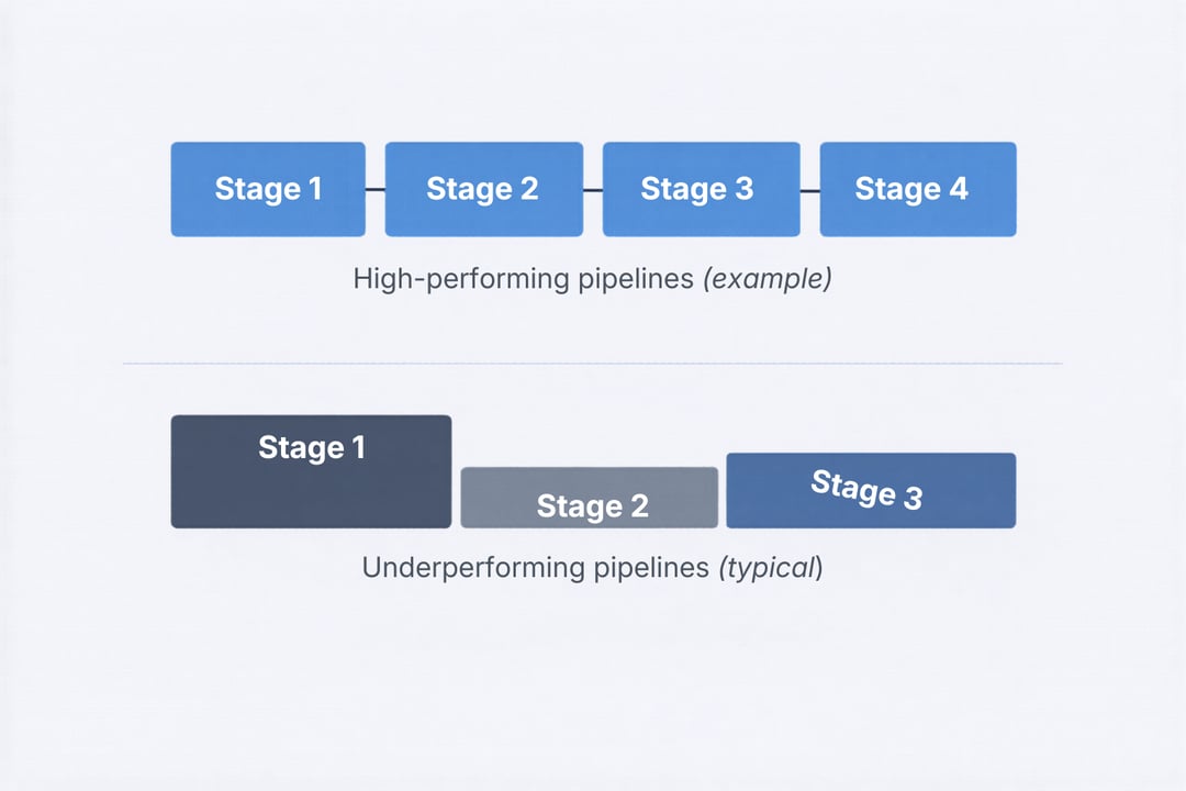 Diagram comparing a high-performing sales pipeline with four equal stages against an underperforming pipeline with three uneven stages