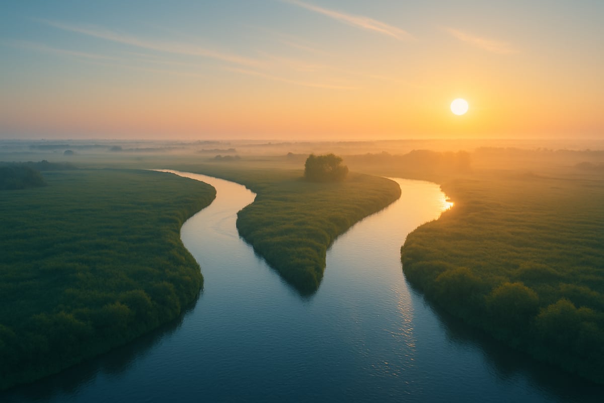Calm river confluence — systems flowing together