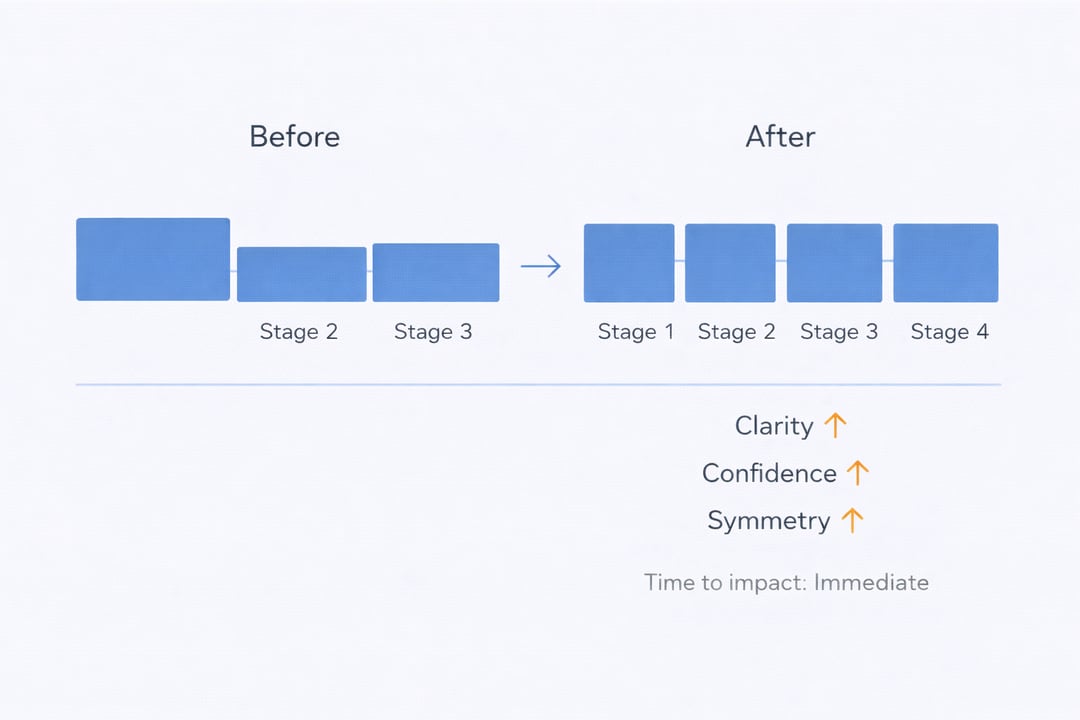 Before and after sales pipeline diagram showing transformation from three uneven stages to four equal stages with improved clarity, confidence and symmetry