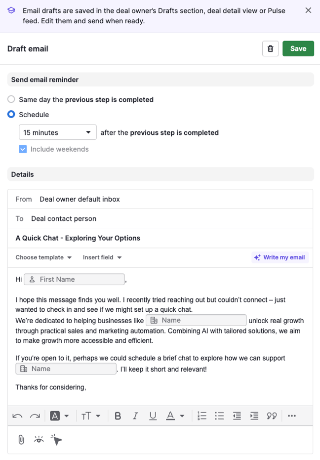 Screenshot of Pipedrive sequence email draft settings showing scheduled follow-up based on previous step completion. Includes customisable email template, merge fields, AI-assisted writing, and precise timing options to improve sales outreach consistency. 