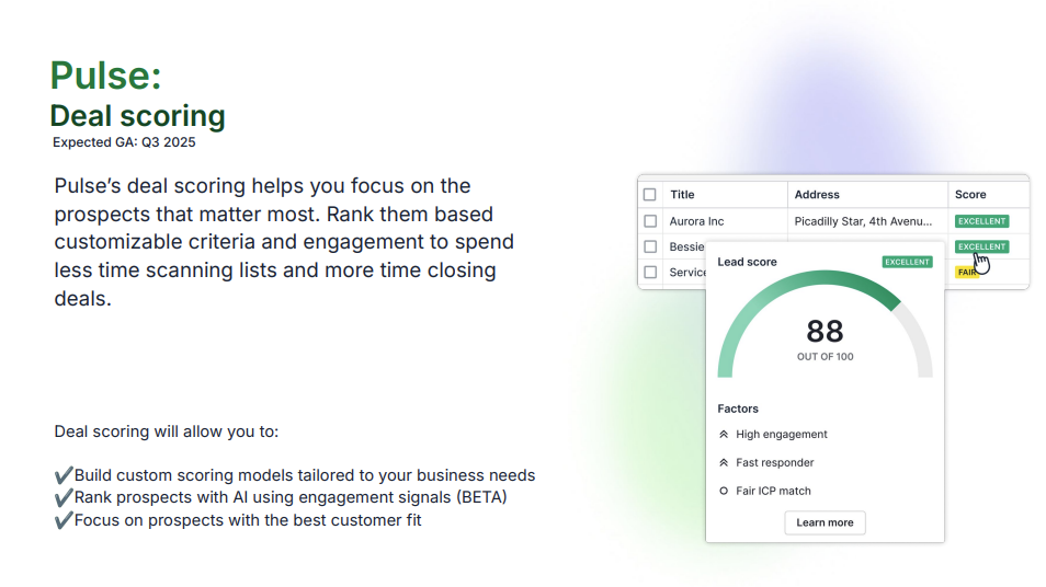 Screenshot of Pipedrive's Pulse deal scoring tool, showing lead scores ranked by engagement, responsiveness, and ICP fit. Features include custom scoring modules and AI-powered lead prioritisation to help sales teams focus on high-fit, high-intent prospects. 
