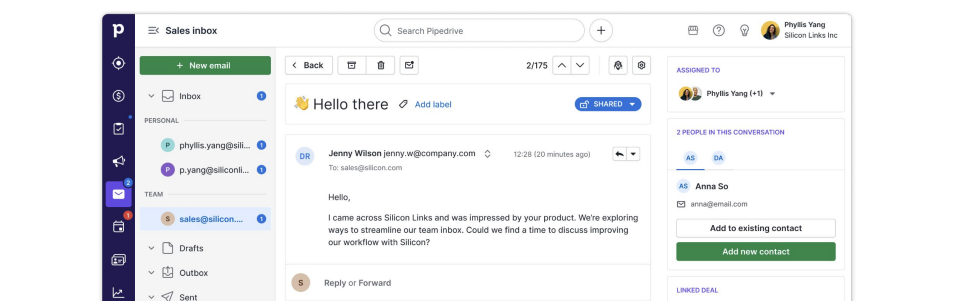 Screenshot of Pipedrive's upcoming Team Inbox feature showing a shared sales email account. Enables assigning conversations, shared visibility and CRM-linked replies for streamlined collaboration between sales and support teams.