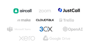 Logos of calling system providers integrated with Pipedrive CRM — including Aircall, JustCall, CloudTalk, and 3CX — surrounded by other popular tools like Make, Zoom, Microsoft Teams, Trello, OpenAI, Xero, and Google Drive. Highlighted calling platforms illustrate CRM telephony integration options.