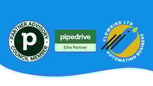 Flowbird Ltd is a certified Pipedrive Elite Partner and a member of the Pipedrive Partner Advisory Council. This image displays the official badges representing Flowbird’s deep alignment with Pipedrive’s roadmap, trusted expertise in CRM strategy and automation, and commitment to helping sales teams get more from their systems. Featured from left to right: the Pipedrive Partner Advisory Council logo, Elite Partner badge, and Flowbird’s “Automating Business” mark.