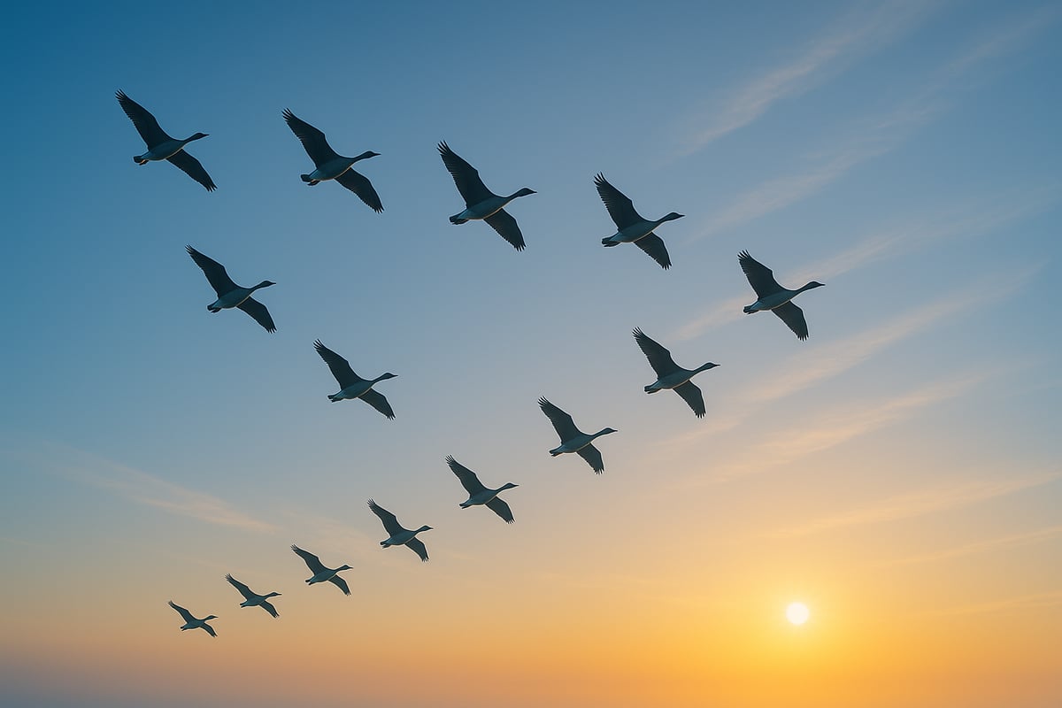 Flock of birds in formation at dusk