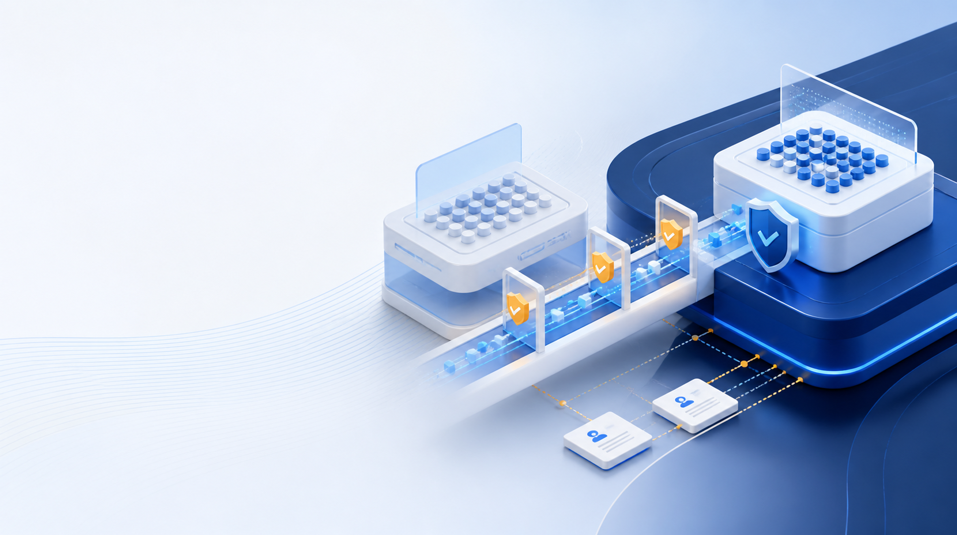 Customer records moving through a controlled path between two CRM systems.