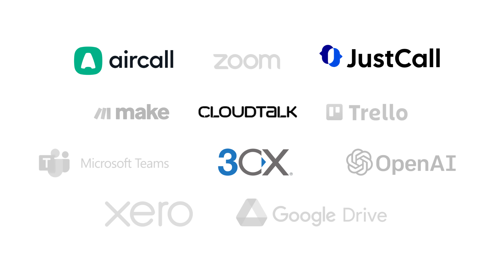 Logos of calling system providers integrated with Pipedrive CRM — including Aircall, JustCall, CloudTalk, and 3CX — surrounded by other popular tools like Make, Zoom, Microsoft Teams, Trello, OpenAI, Xero, and Google Drive. Highlighted calling platforms illustrate CRM telephony integration options.